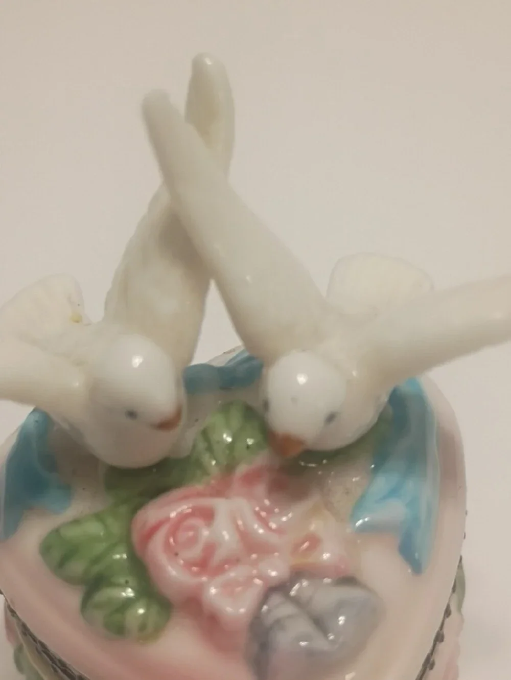 Vintage Ceramic Love Birds Trinket Box with Pink Rose Accents Hinged